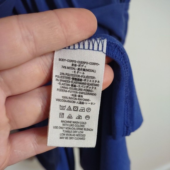 Free People Sz L Cobalt Blue Jersey Knit Front Wrap Dress Short V-Neck Raw Hem - Picture 6 of 8